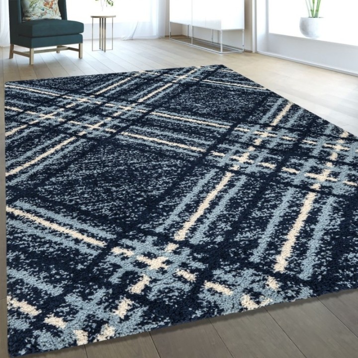 Blaze Rug Navy Blue – Shaggy Tartan | J&B Furniture
