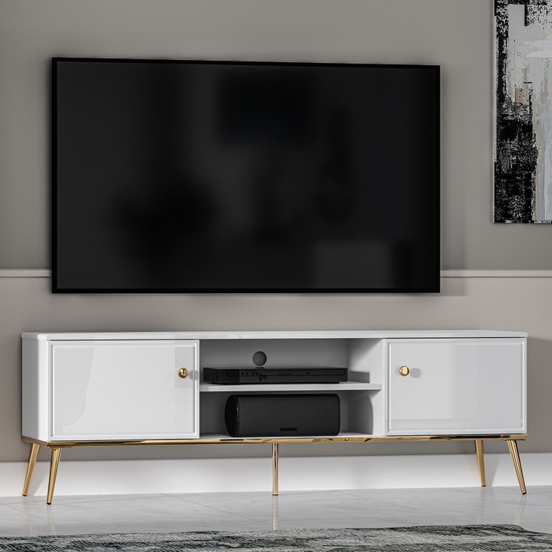 TV Unit High Gloss White with Gold