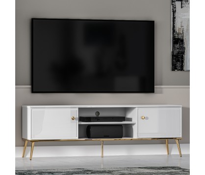 TV Unit High Gloss White with Gold