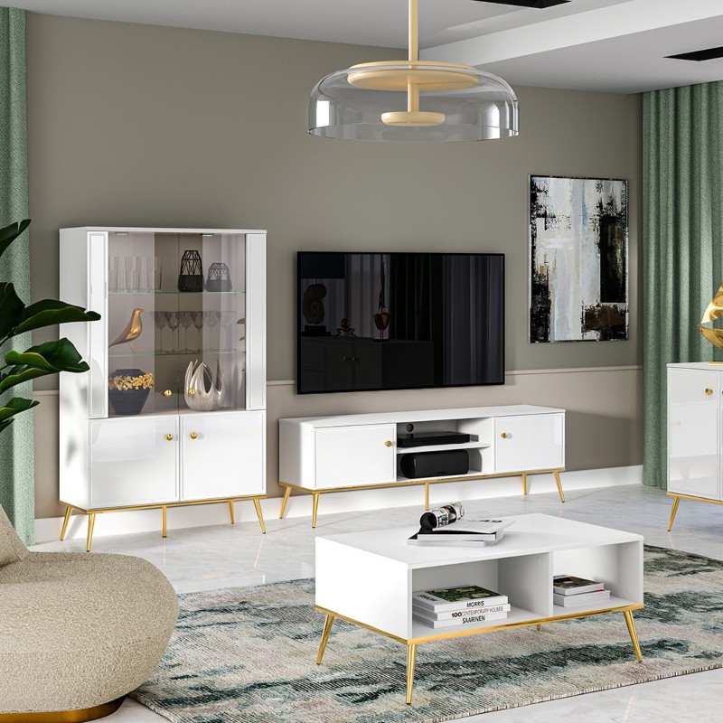 TV Unit High Gloss White with Gold