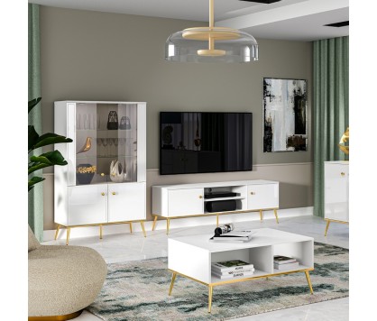 TV Unit High Gloss White with Gold