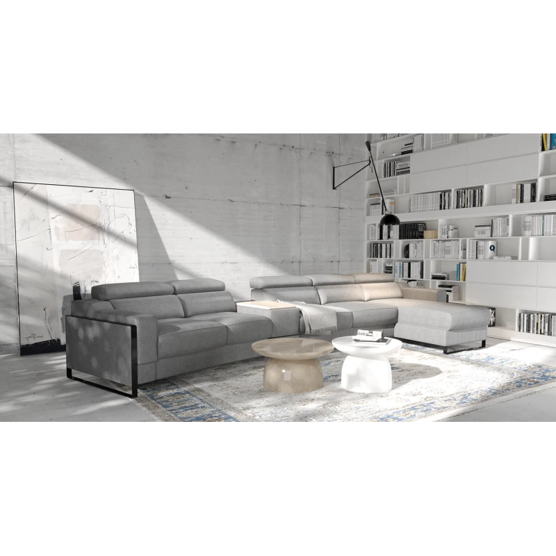 Mayon right-hand corner sofa with 4 seats, central console with laptop shelf and lamp, and right-side ottoman.