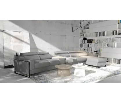 Mayon right-hand corner sofa with 4 seats, central console with laptop shelf and lamp, and right-side ottoman.