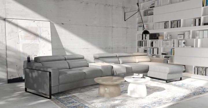 Mayon right-hand corner sofa with 4 seats, central console with laptop shelf and lamp, and right-side ottoman.