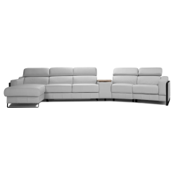 Mayon modular corner sofa consisting of 6 parts: ottoman, 4 seats, and a console with a laptop board.