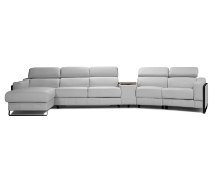 Mayon modular corner sofa consisting of 6 parts: ottoman, 4 seats, and a console with a laptop board.