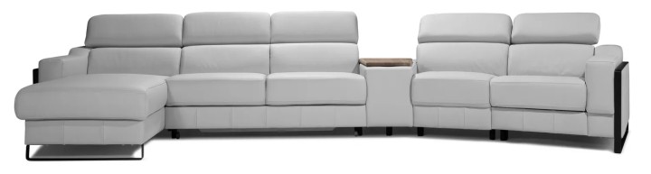 Mayon modular corner sofa consisting of 6 parts: ottoman, 4 seats, and a console with a laptop board.