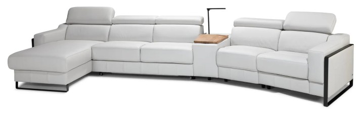Mayon modular corner sofa consisting of 6 parts: ottoman, 4 seats, and a console with a laptop board.