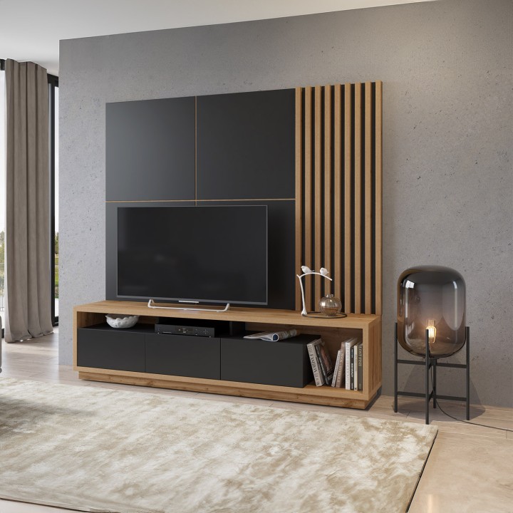 Celine Wall Unit Black Matt and Oak | J&B Furniture