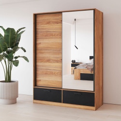 Sliding Door Wardrobe Mirror & Drawers in Oak