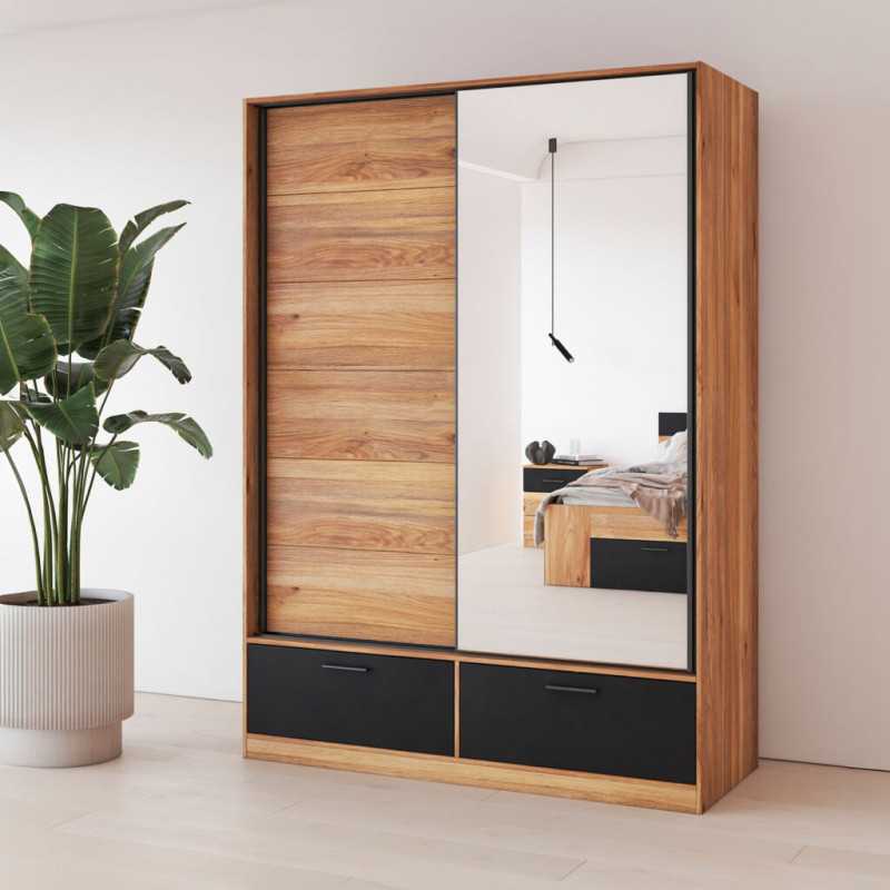 Sliding Door Wardrobe Mirror & Drawers in Oak