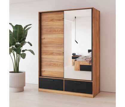 Sliding Door Wardrobe Mirror & Drawers in Oak