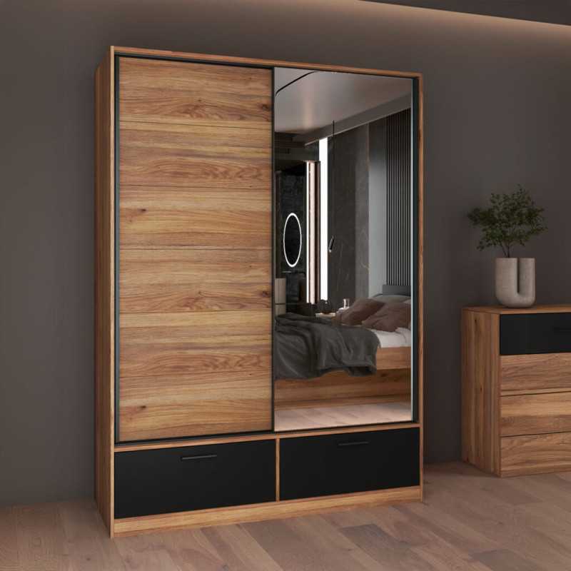 Sliding Door Wardrobe Mirror & Drawers in Oak