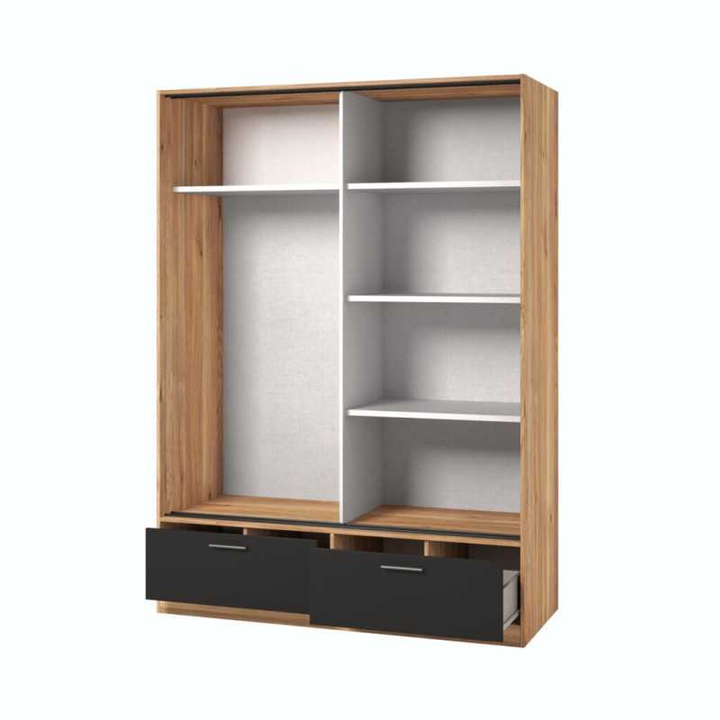 Sliding Door Wardrobe Mirror & Drawers in Oak