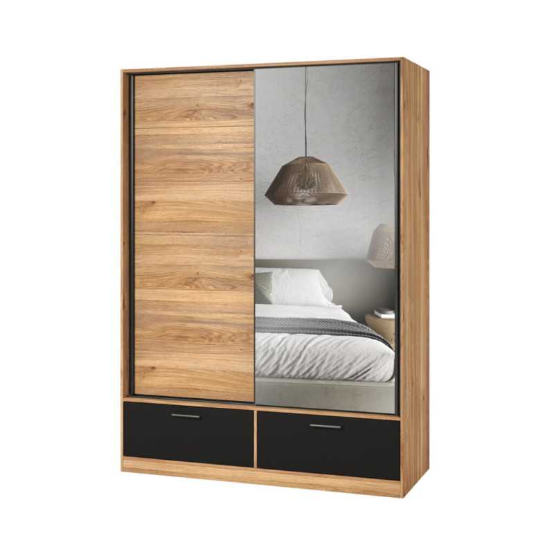 Sliding Door Wardrobe Mirror & Drawers in Oak