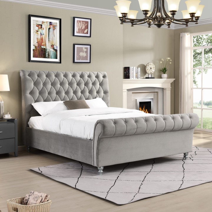 Luxury Velvet Bed Frame 4Ft6 Silver | J&B Furniture Ireland