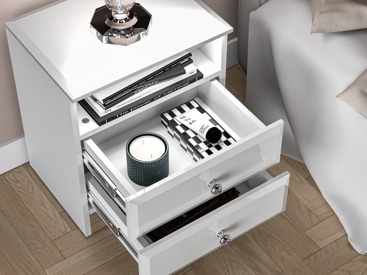 Glamour White Bedside Table Crystal Handle - J&B Furniture