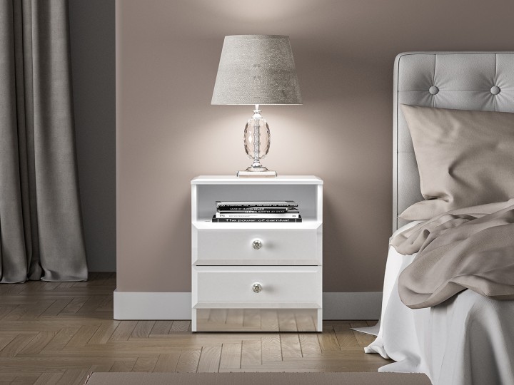 Glamour White Bedside Table Crystal Handle - J&B Furniture