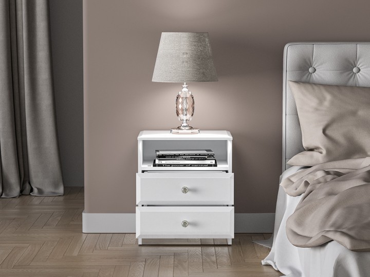 Glamour White Bedside Table Crystal Handle - J&B Furniture