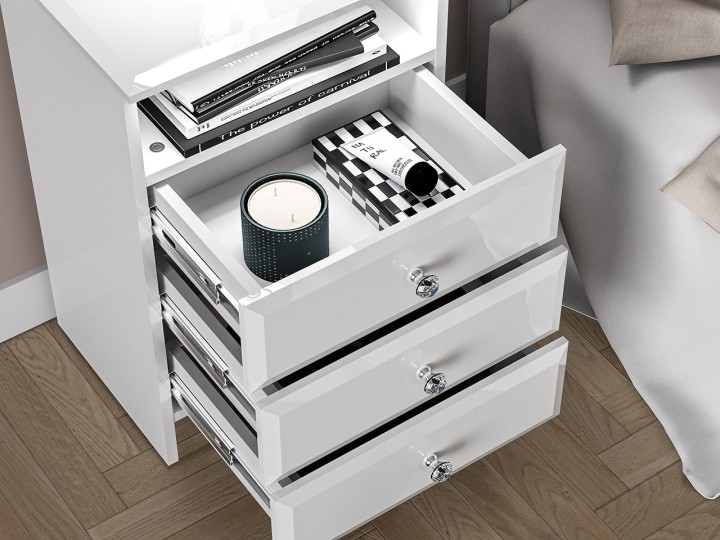 Glamour Bedside White Table Crystal Handle - J&B Furniture