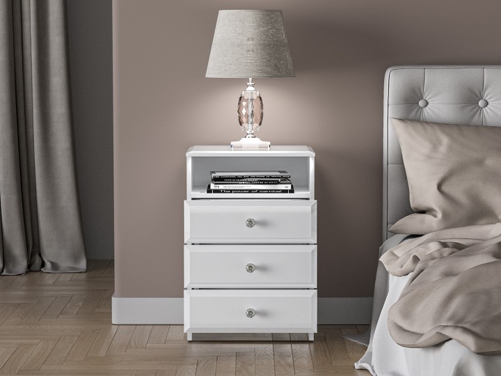 Glamour Bedside White Table Crystal Handle - J&B Furniture