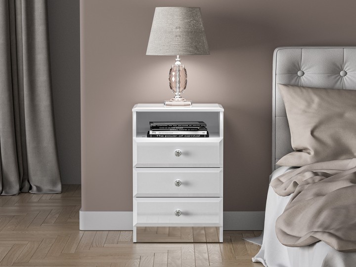 Glamour Bedside White Table Crystal Handle - J&B Furniture