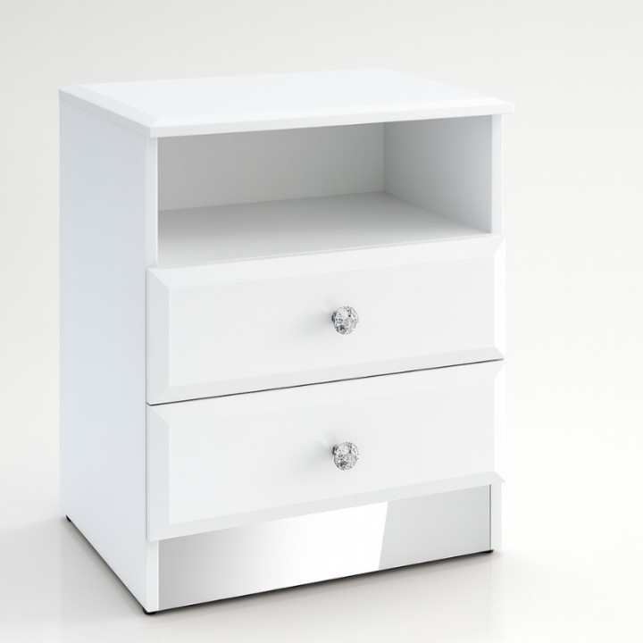 Glamour White Bedside Table Crystal Handle - J&B Furniture