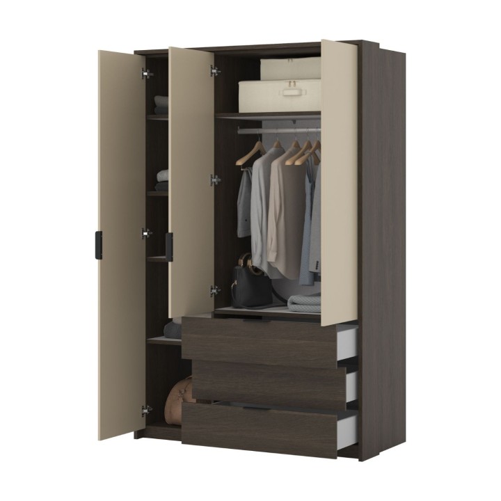 MOLA Wardrobe – 3 Door 3 Drawer Oak & Beige -J&B Furniture
