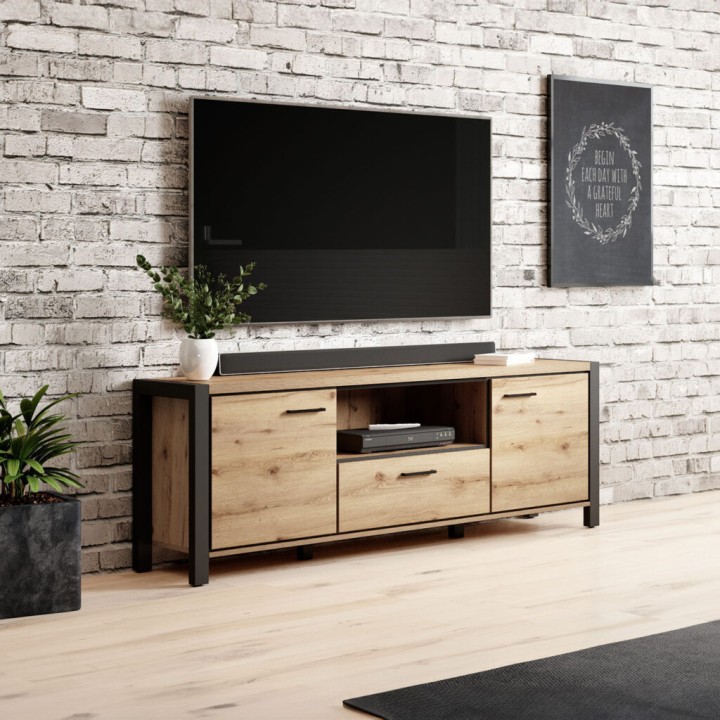 AKTIV Industrial TV Unit – Black & Natural Wood Finish