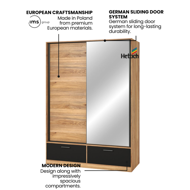 Sliding Door Wardrobe Mirror & Drawers in Oak