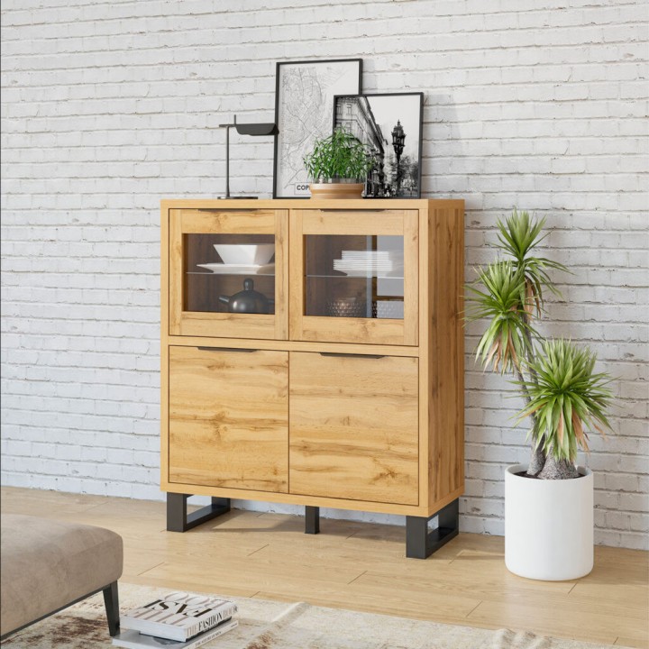 Halle 4-Door Display Cabinet | Industrial Oak Unit