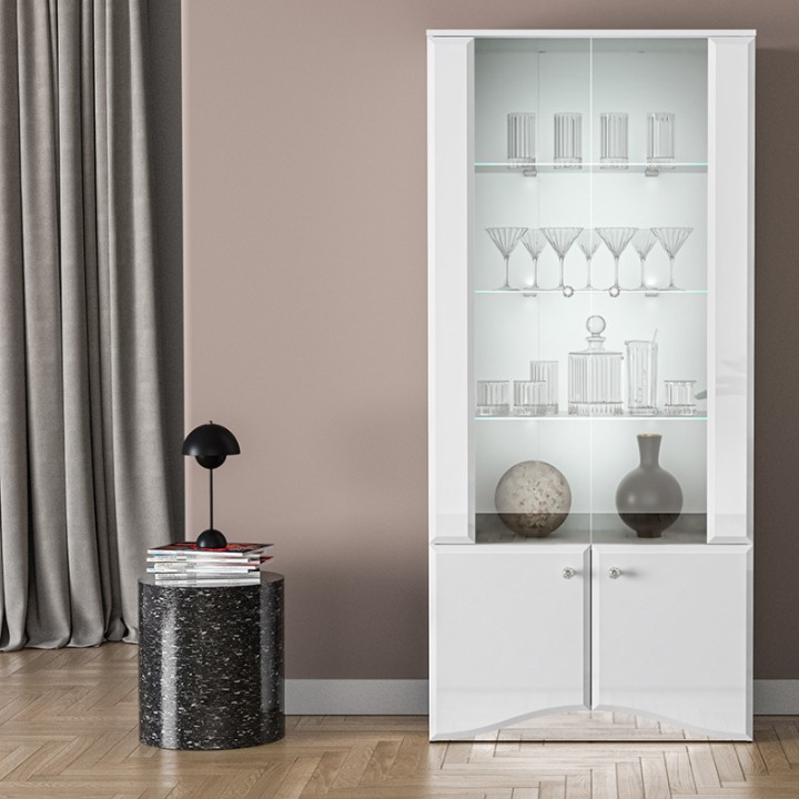 Glamour White Gloss Display Cabinet with Crystal Handles