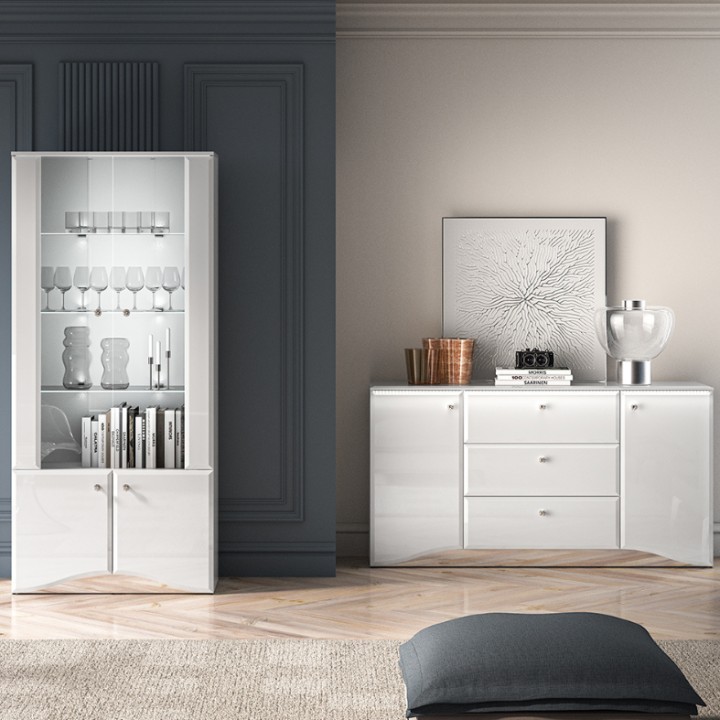 Glamour White Gloss Display Cabinet with Crystal Handles