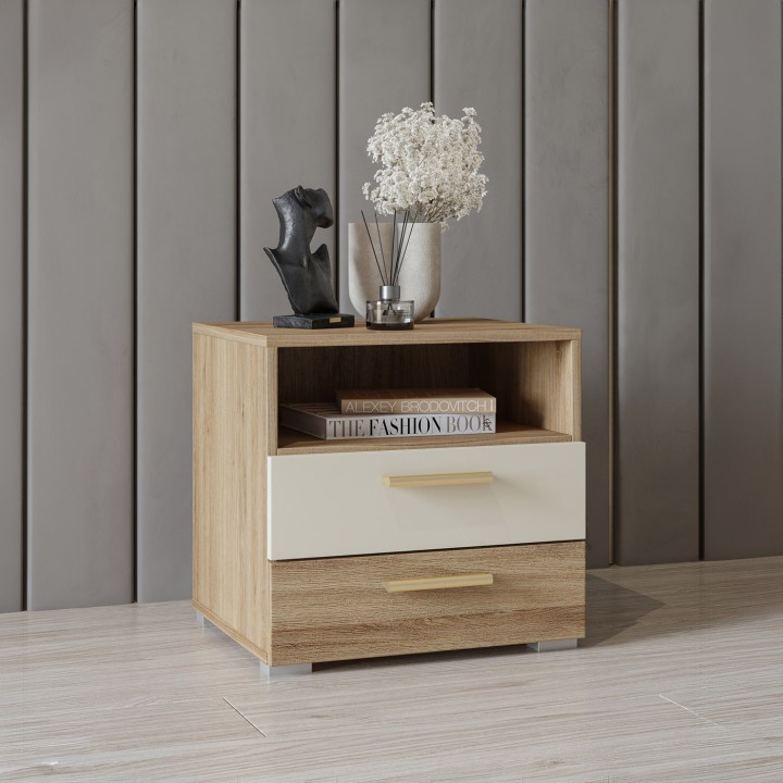 Vertina 2-Drawer Bedside Table – Wild Oak & Beige