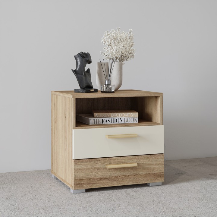 Vertina 2-Drawer Bedside Table – Wild Oak & Beige