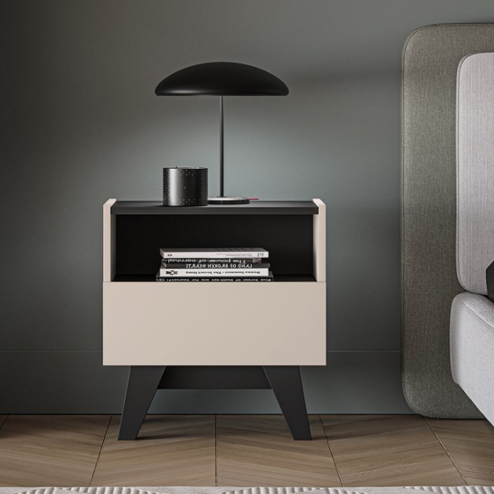 Modern Bedside Table Cashmere & Black Design - J&B Furniture