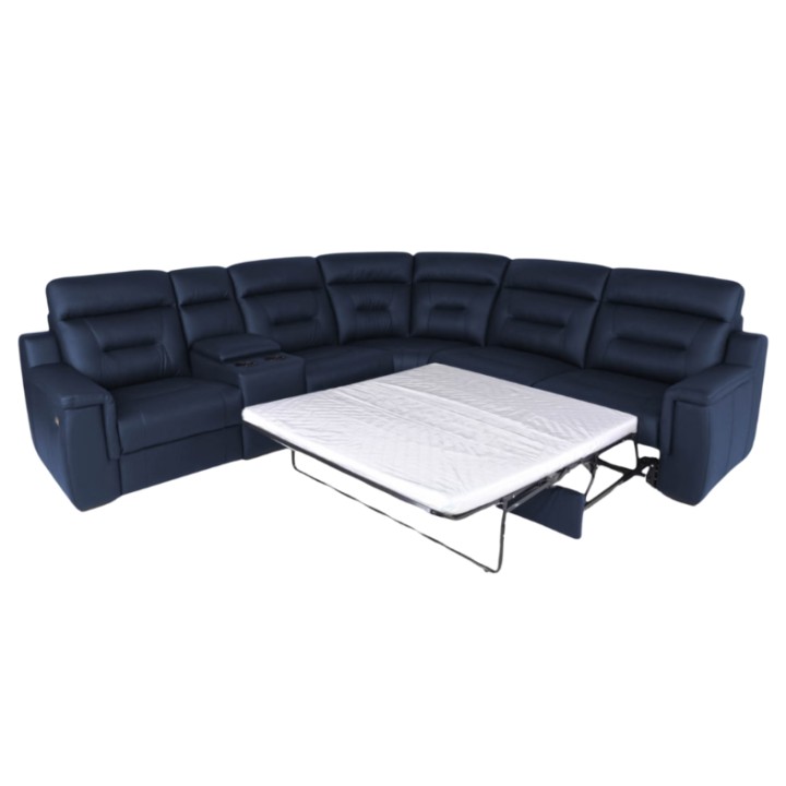 Corner Sofa Bed and Recliner  Blue Leather | J&B Furniture