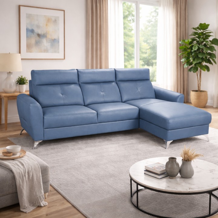 Loft Corner Sofa Bed in Blue Italian Leather| J&B Furniture