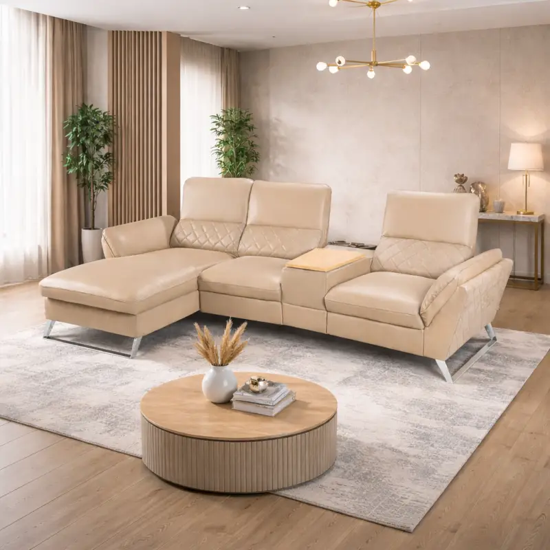 Corner Sofa in With Storage and Recliner Beige