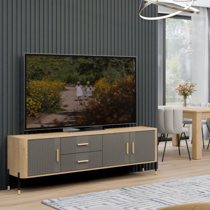 TV Stand with Drawers – Modern Gray & Oak Cabinet