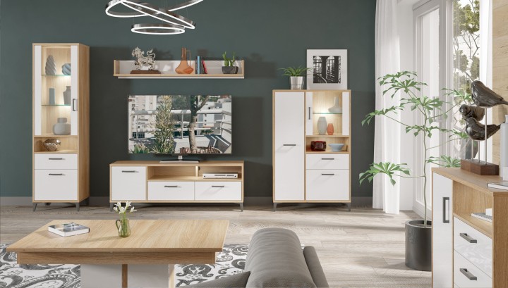 Colin TV Bench in White & Oak | Stylish TV Media Unit