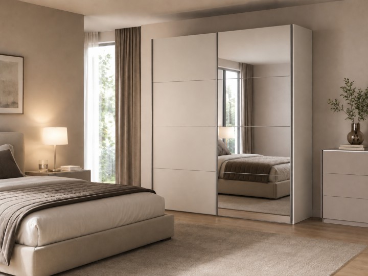 Beta Sliding Wardrobe Elegant in White | J&B Furniture