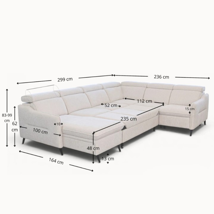 Ali U Shaped Corner Sofa Bed & Recliner in White- J&B Furniture