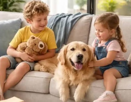 Children and a dog relaxing on an AquaClean fabric sofa