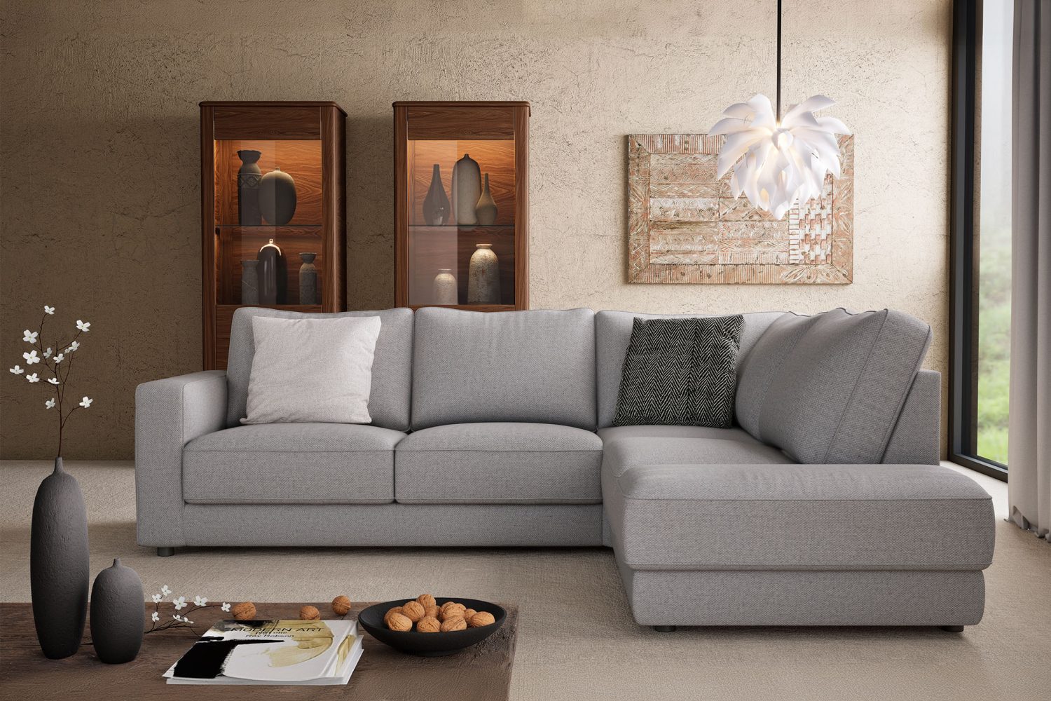 Custom corner sofa upholstered in premium fabric in a modern living room